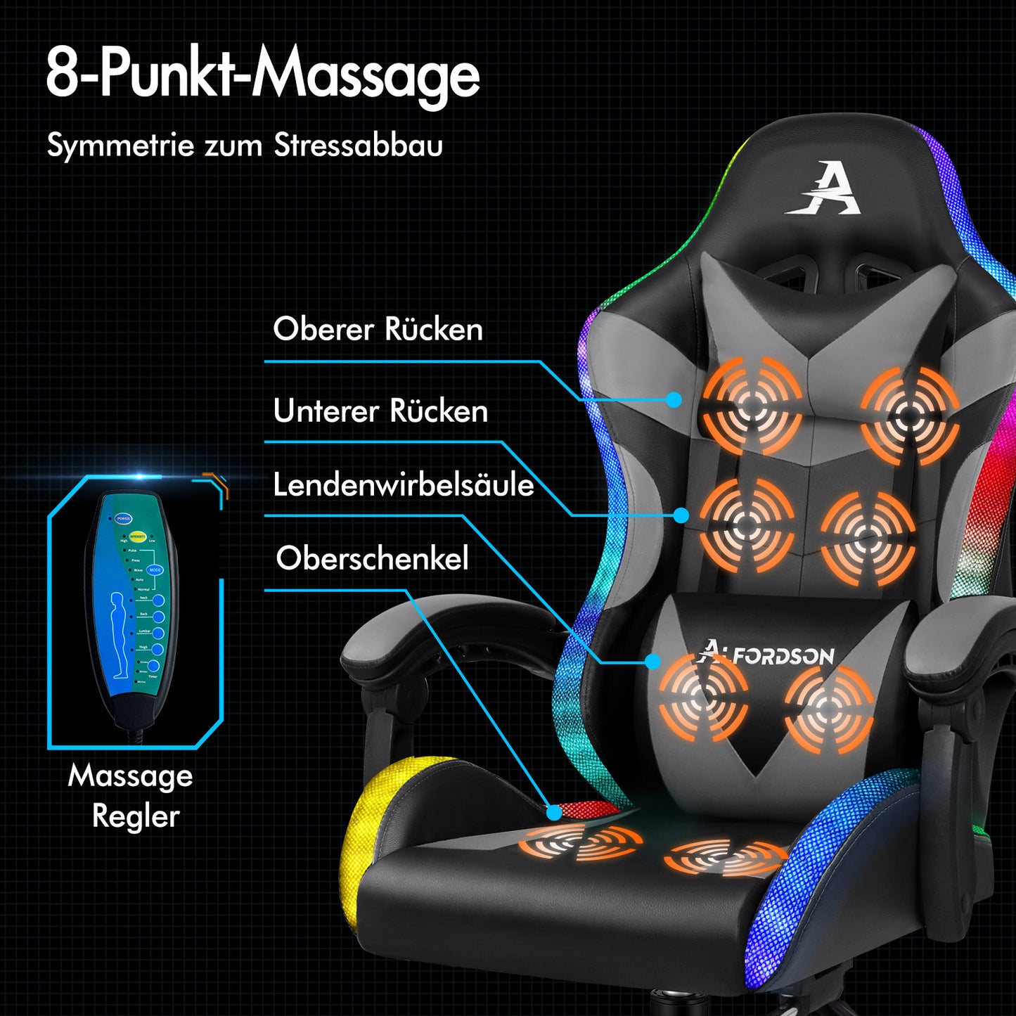ALFORDSON Gaming Stuhl Büro Massage 12 RGB LED Computer Sitz PU Leder Grau