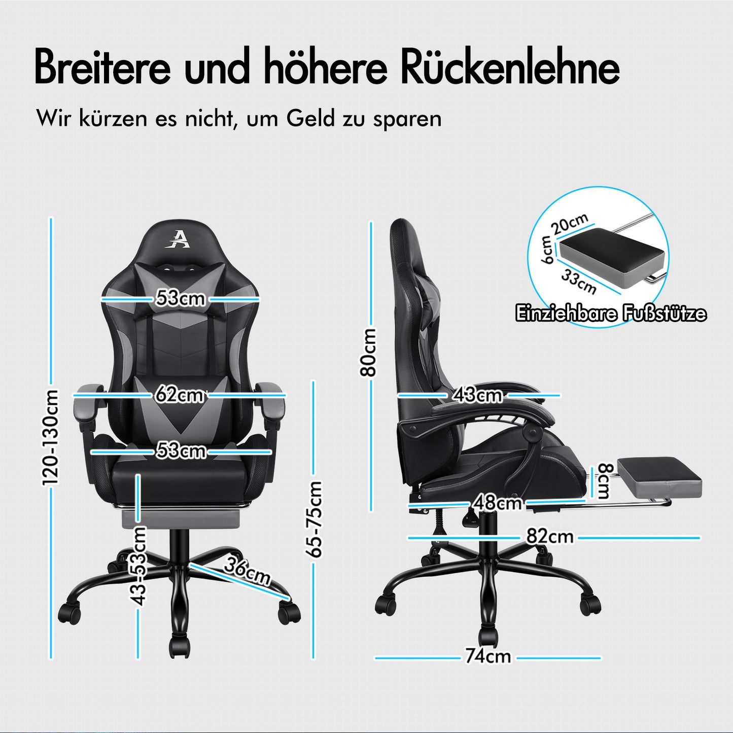 ALFORDSON Gaming Stuhl Büro Massage 12 RGB LED Computer Sitz PU Leder Grau
