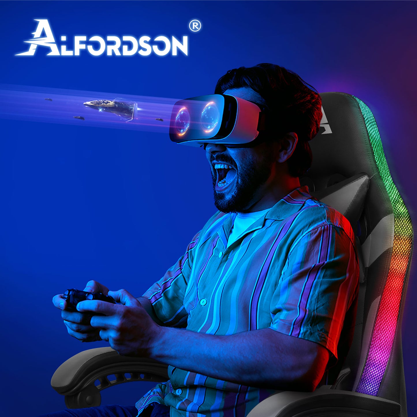 ALFORDSON Gaming Stuhl Büro Massage 12 RGB LED Computer Sitz PU Leder Grau