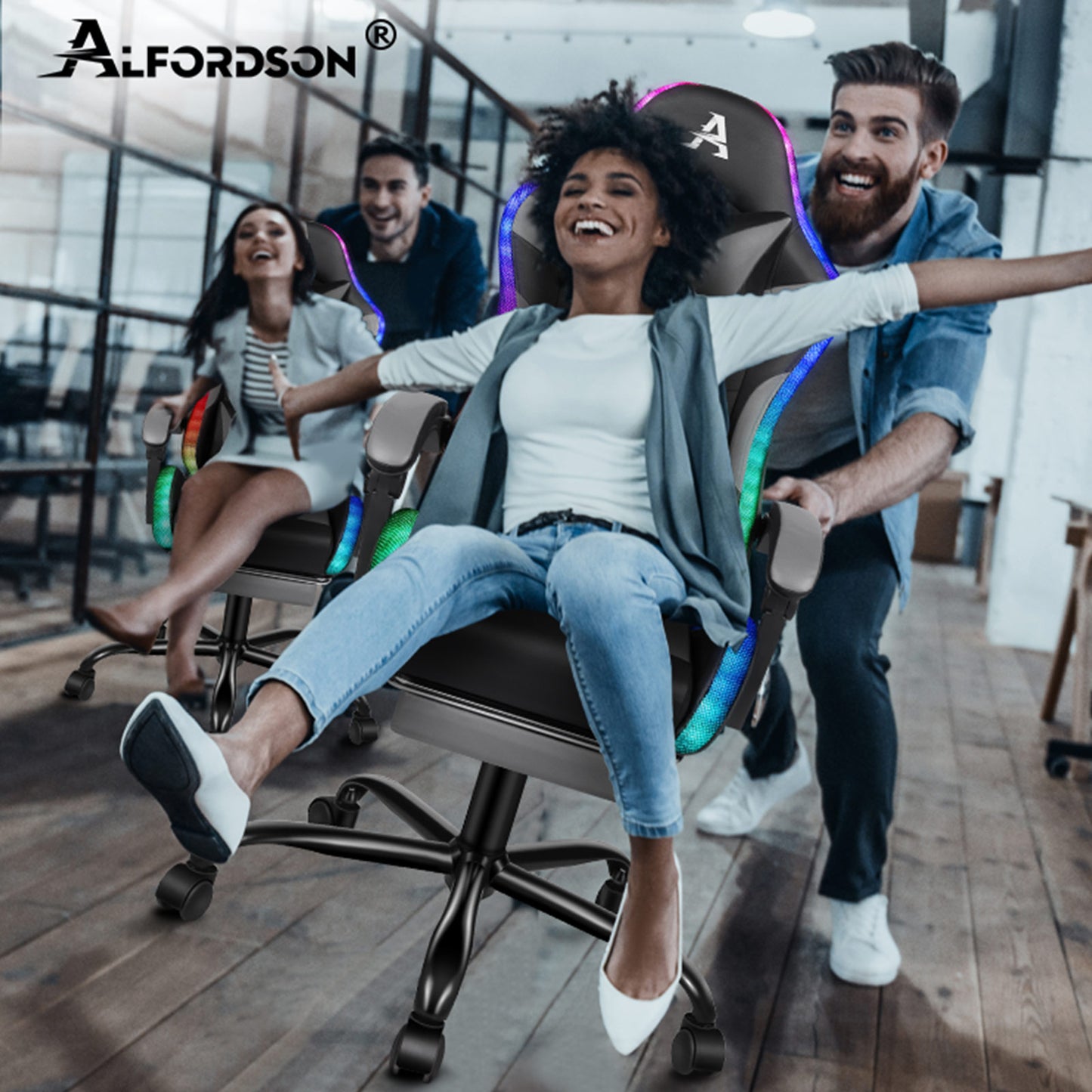 ALFORDSON Gaming Stuhl Büro Massage 12 RGB LED Computer Sitz PU Leder Grau