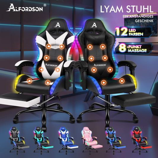 ALFORDSON Gaming Stuhl Büro Massage 12 RGB LED Computer Sitz PU Leder