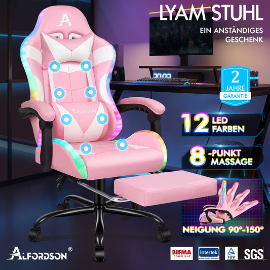 ALFORDSON Gaming Stuhl Büro Massage 12 RGB LED Computer Sitz PU Leder Rosa
