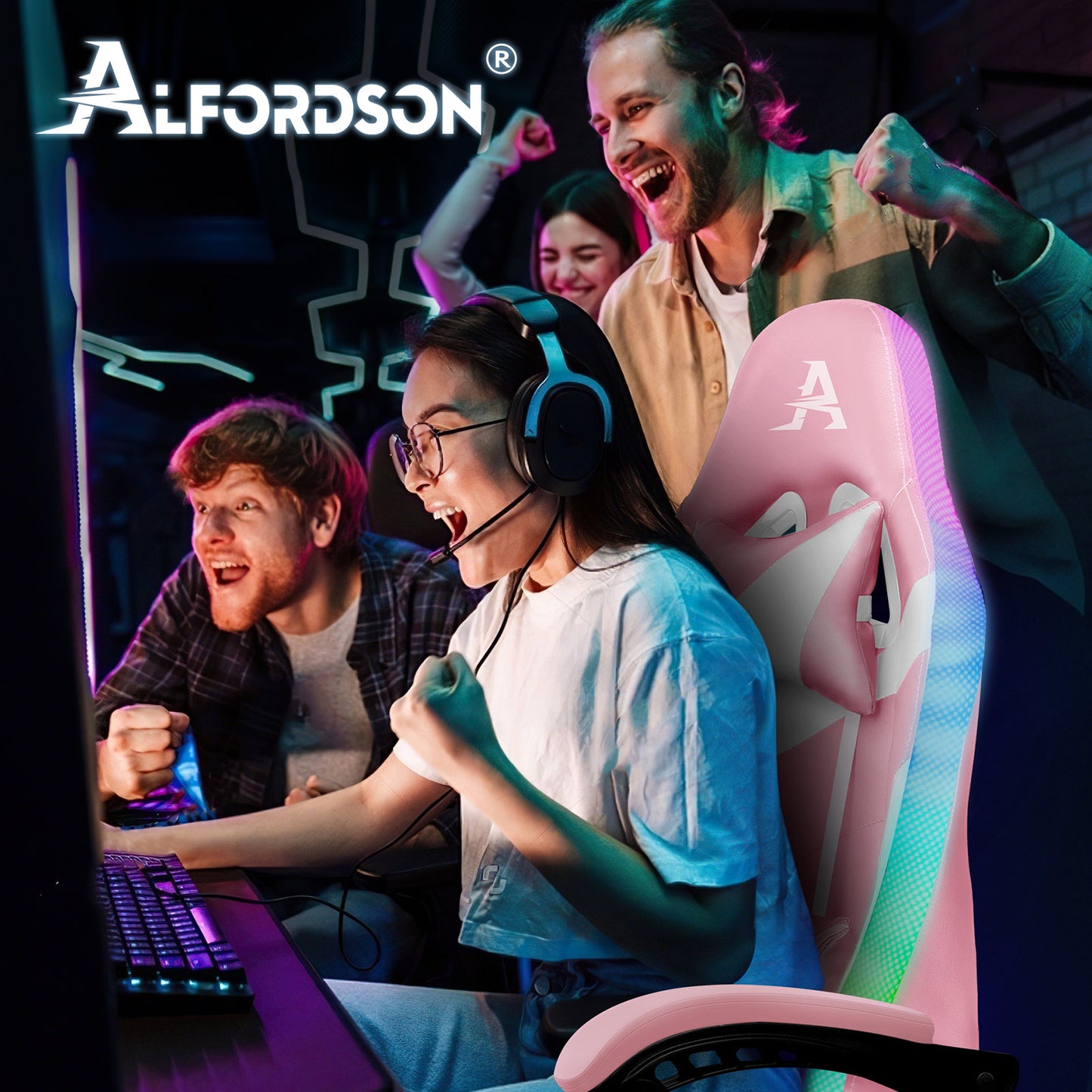 ALFORDSON Gaming Stuhl Büro Massage 12 RGB LED Computer Sitz PU Leder Rosa
