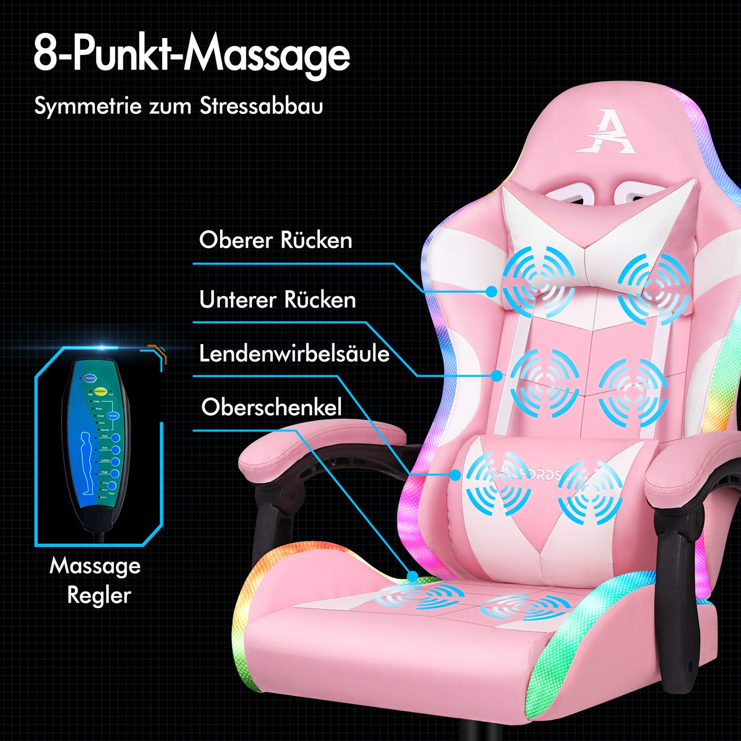 ALFORDSON Gaming Stuhl Büro Massage 12 RGB LED Computer Sitz PU Leder Rosa