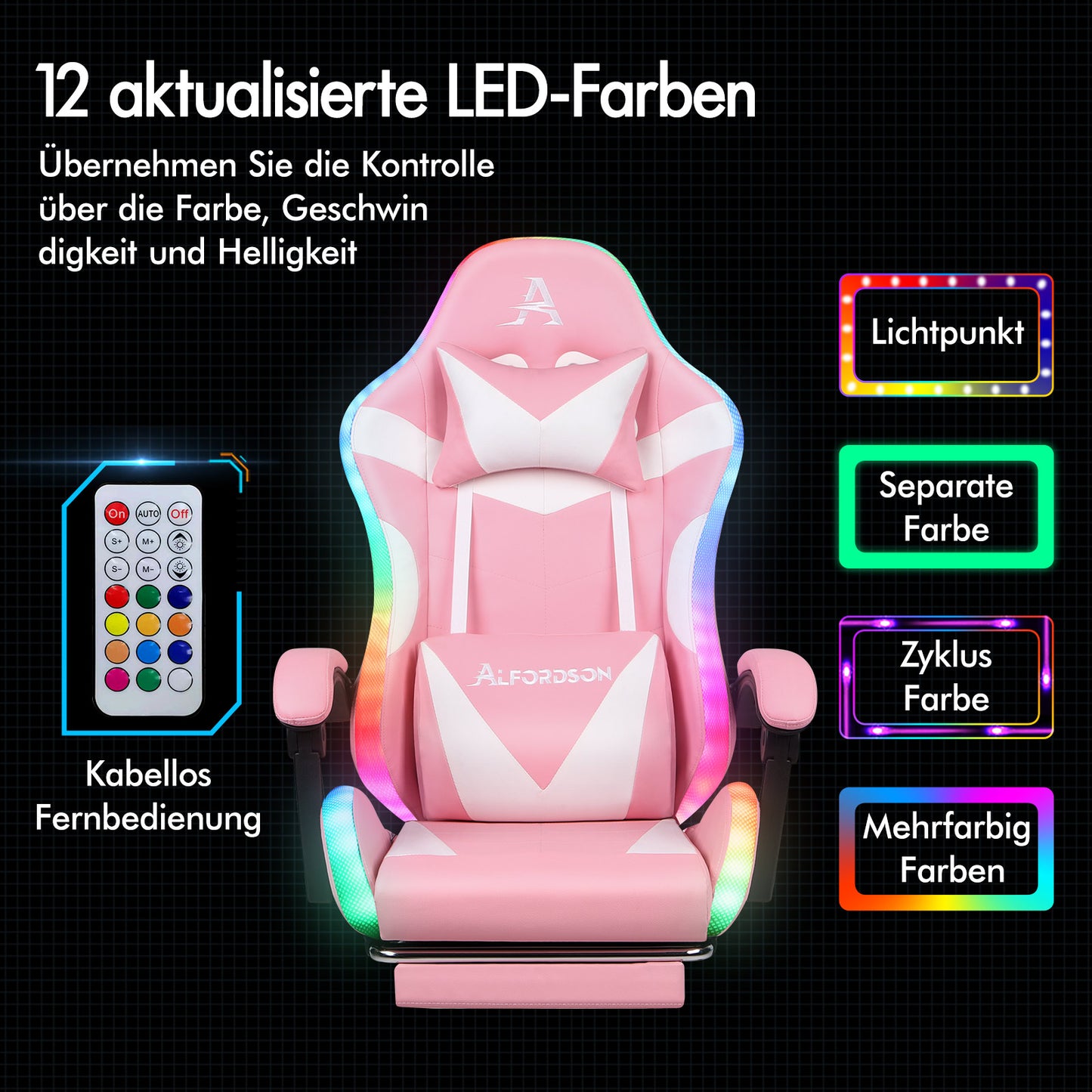 ALFORDSON Gaming Stuhl Büro Massage 12 RGB LED Computer Sitz PU Leder Rosa
