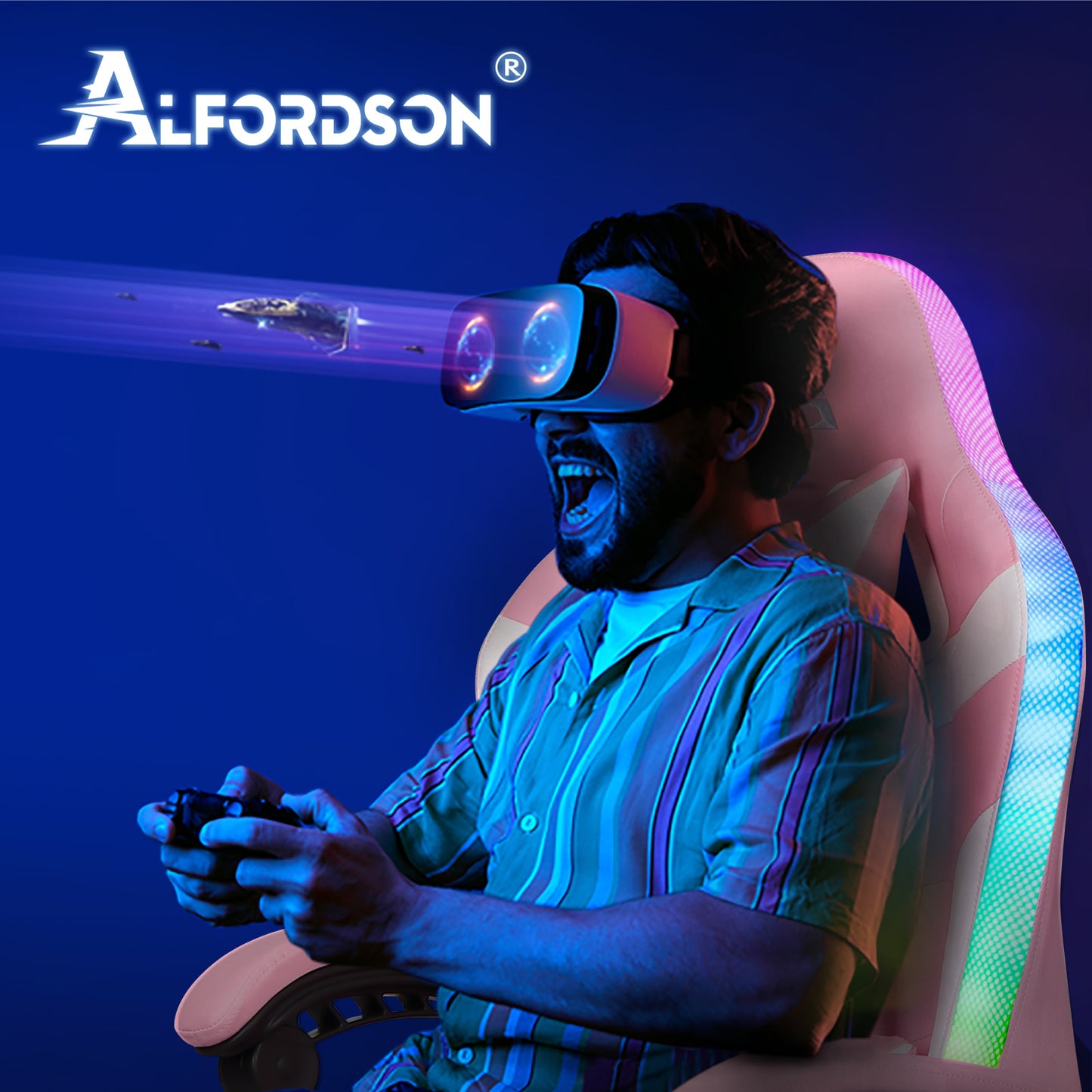 ALFORDSON Gaming Stuhl Büro Massage 12 RGB LED Computer Sitz PU Leder Rosa