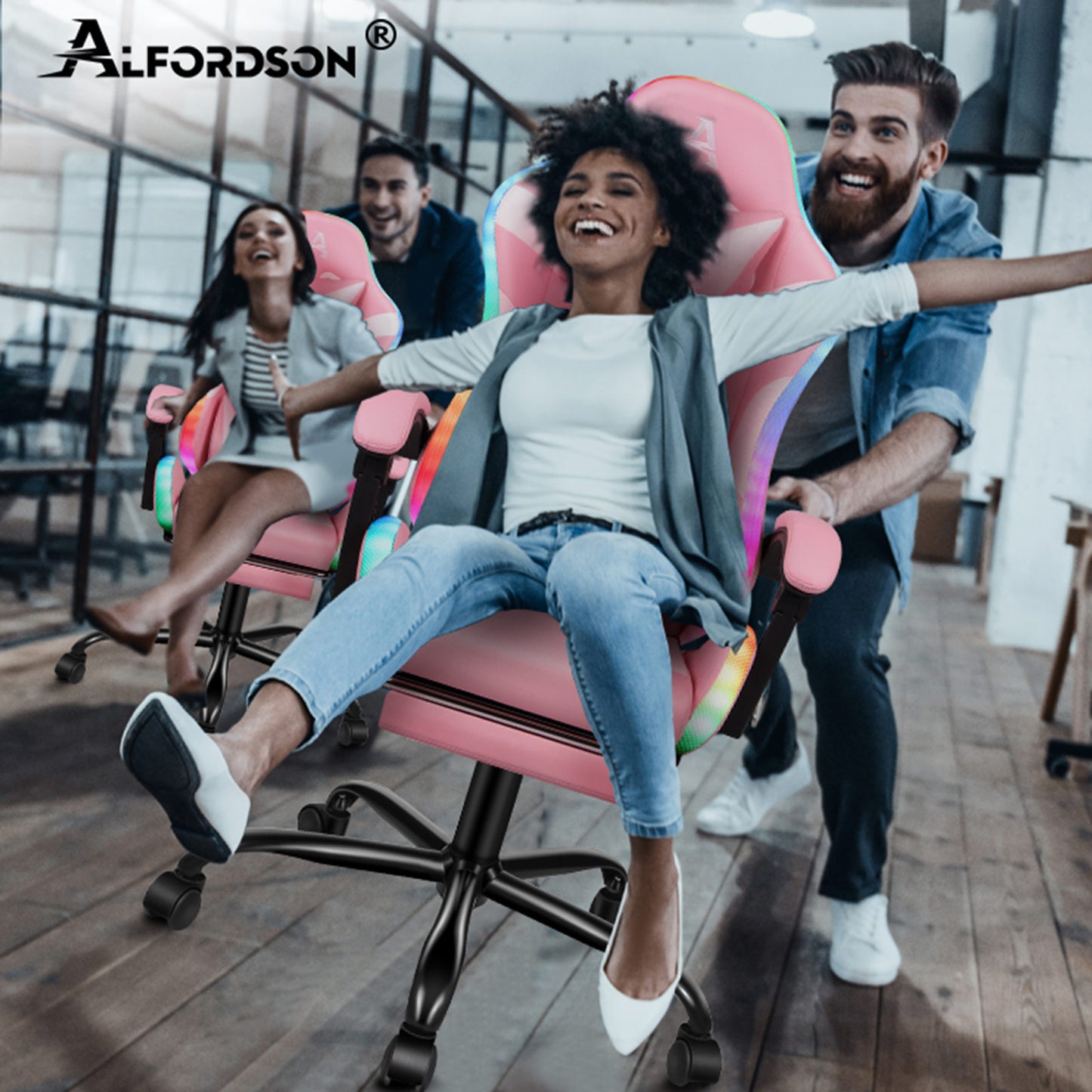 ALFORDSON Gaming Stuhl Büro Massage 12 RGB LED Computer Sitz PU Leder Rosa