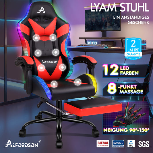ALFORDSON Gaming Stuhl Büro Massage 12 RGB LED Computer Sitz PU Leder Rot
