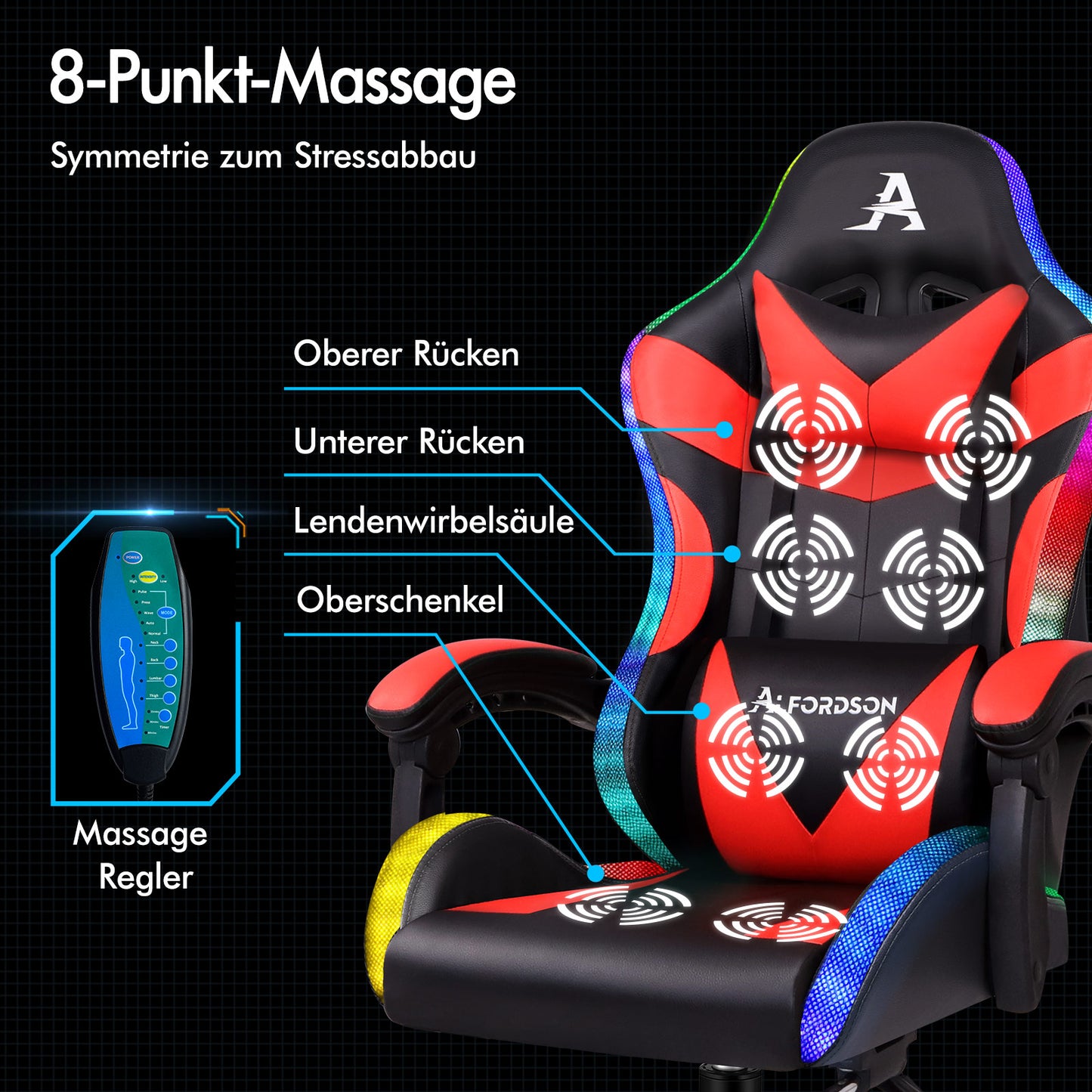 ALFORDSON Gaming Stuhl Büro Massage 12 RGB LED Computer Sitz PU Leder Rot