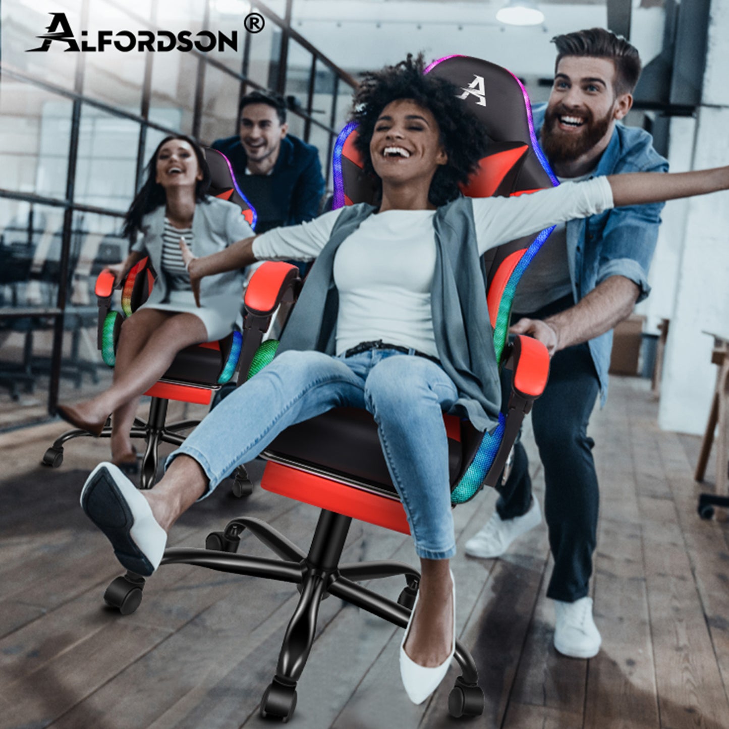 ALFORDSON Gaming Stuhl Büro Massage 12 RGB LED Computer Sitz PU Leder Rot