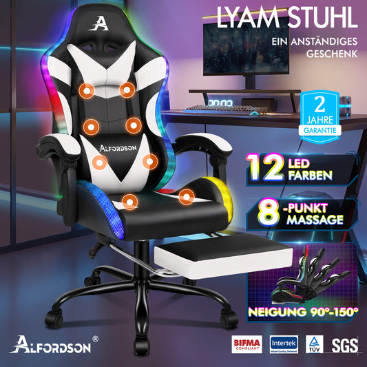 ALFORDSON Gaming Stuhl Büro Massage 12 RGB LED Computer Sitz PU Leder Weiß