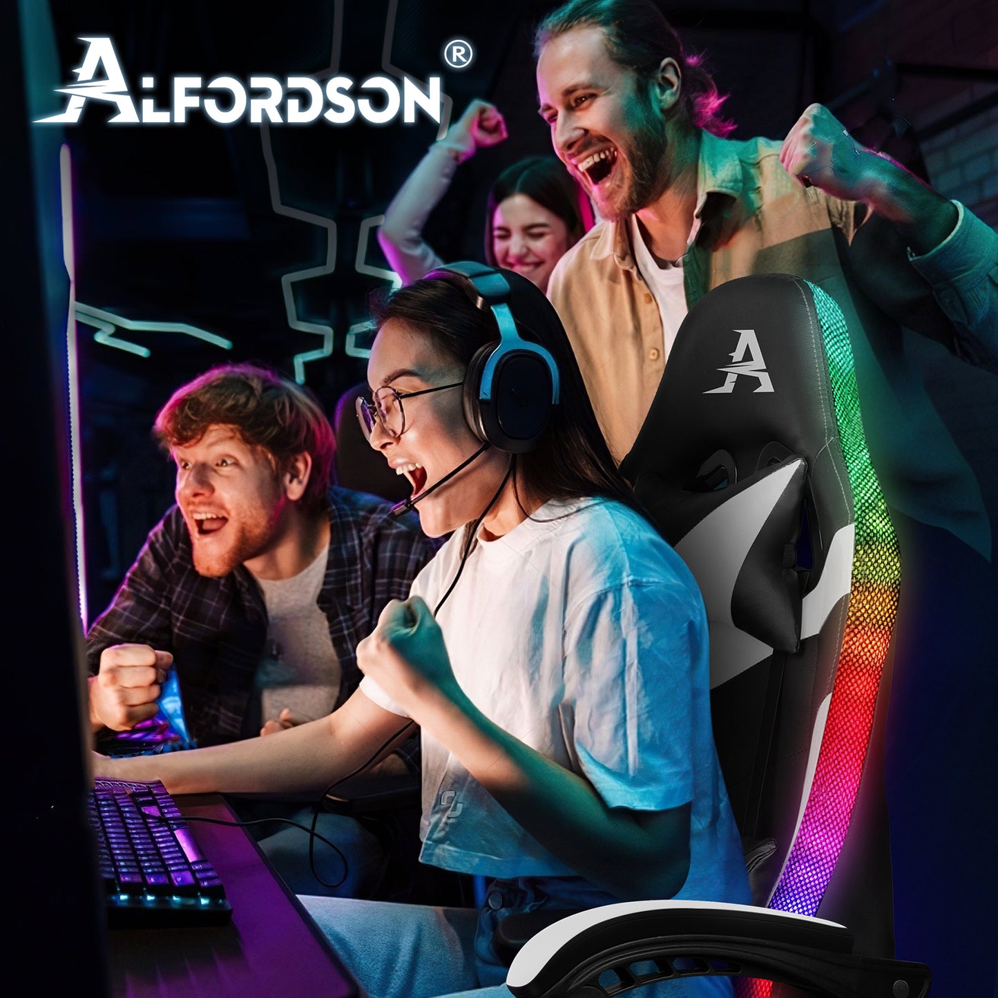ALFORDSON Gaming Stuhl Büro Massage 12 RGB LED Computer Sitz PU Leder Weiß