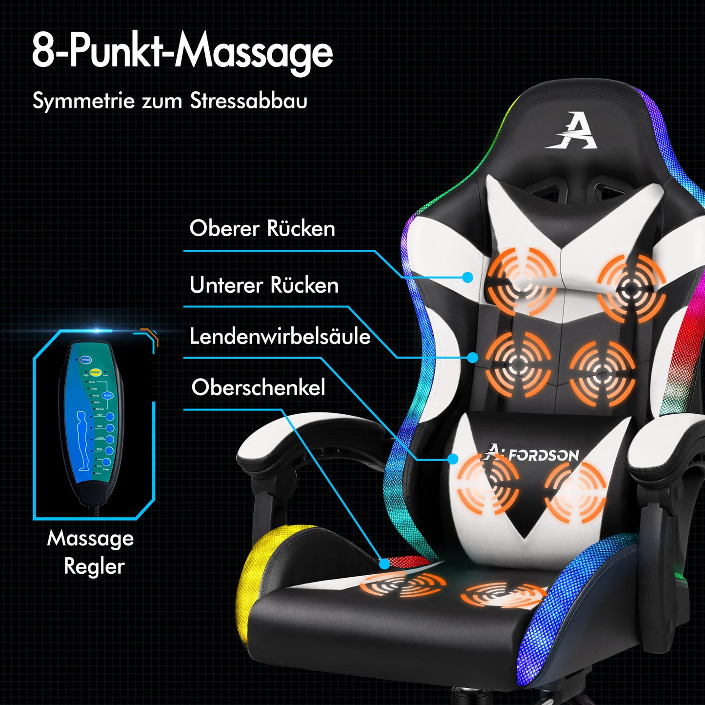 ALFORDSON Gaming Stuhl Büro Massage 12 RGB LED Computer Sitz PU Leder Weiß