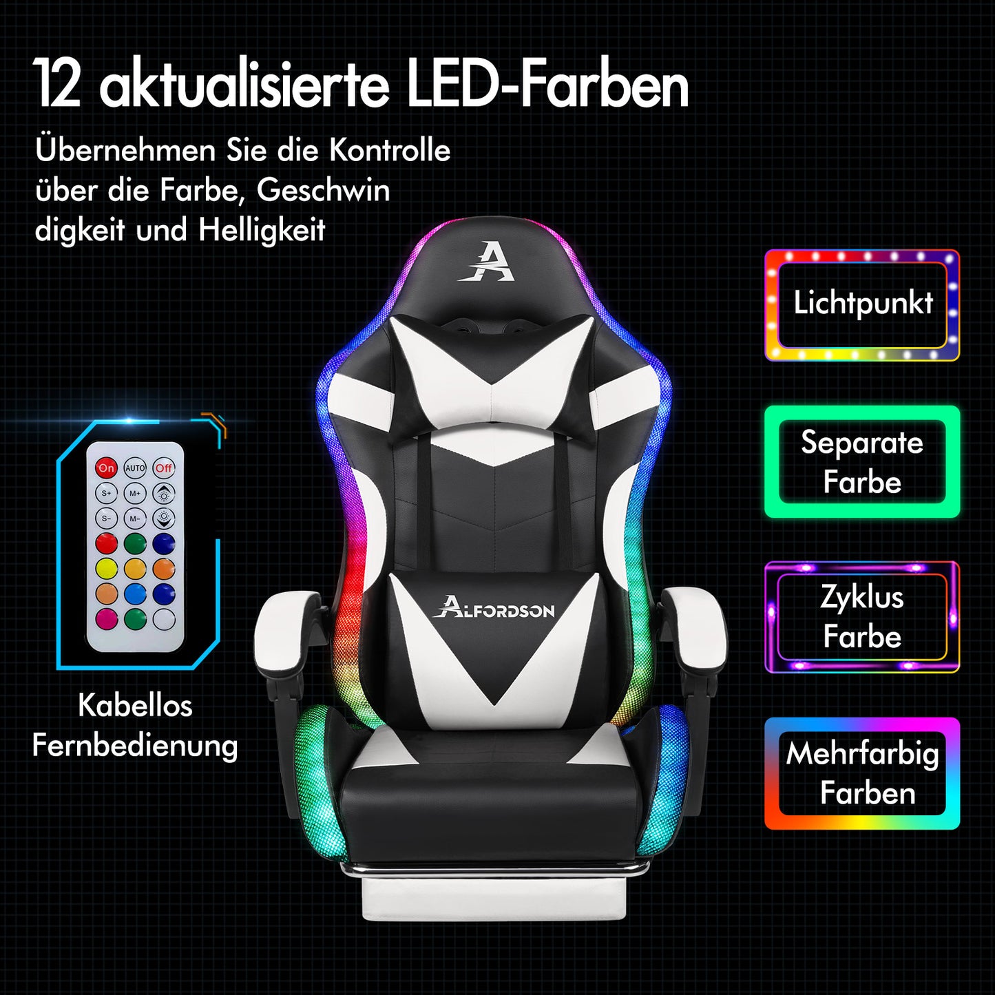 ALFORDSON Gaming Stuhl Büro Massage 12 RGB LED Computer Sitz PU Leder Weiß