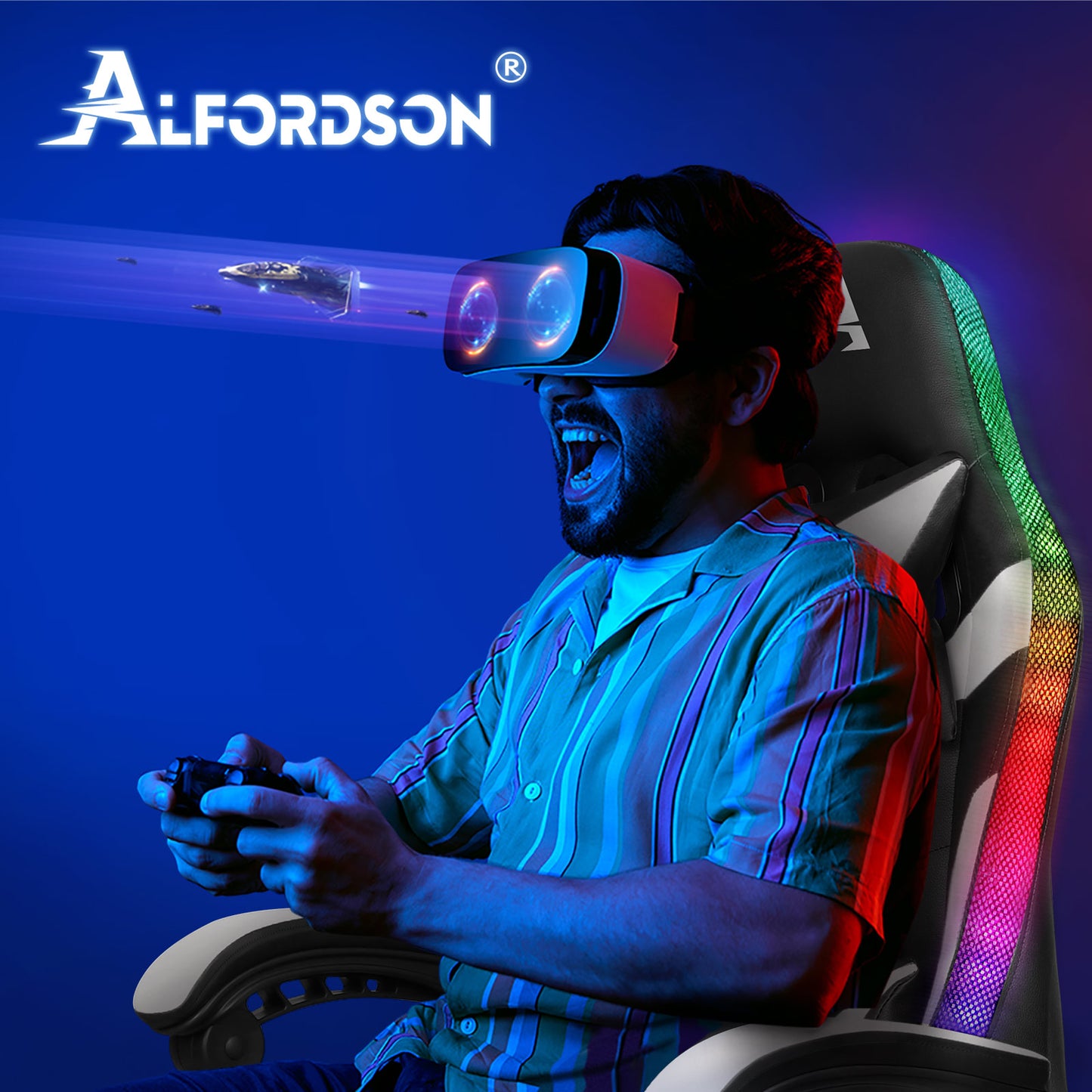 ALFORDSON Gaming Stuhl Büro Massage 12 RGB LED Computer Sitz PU Leder Weiß