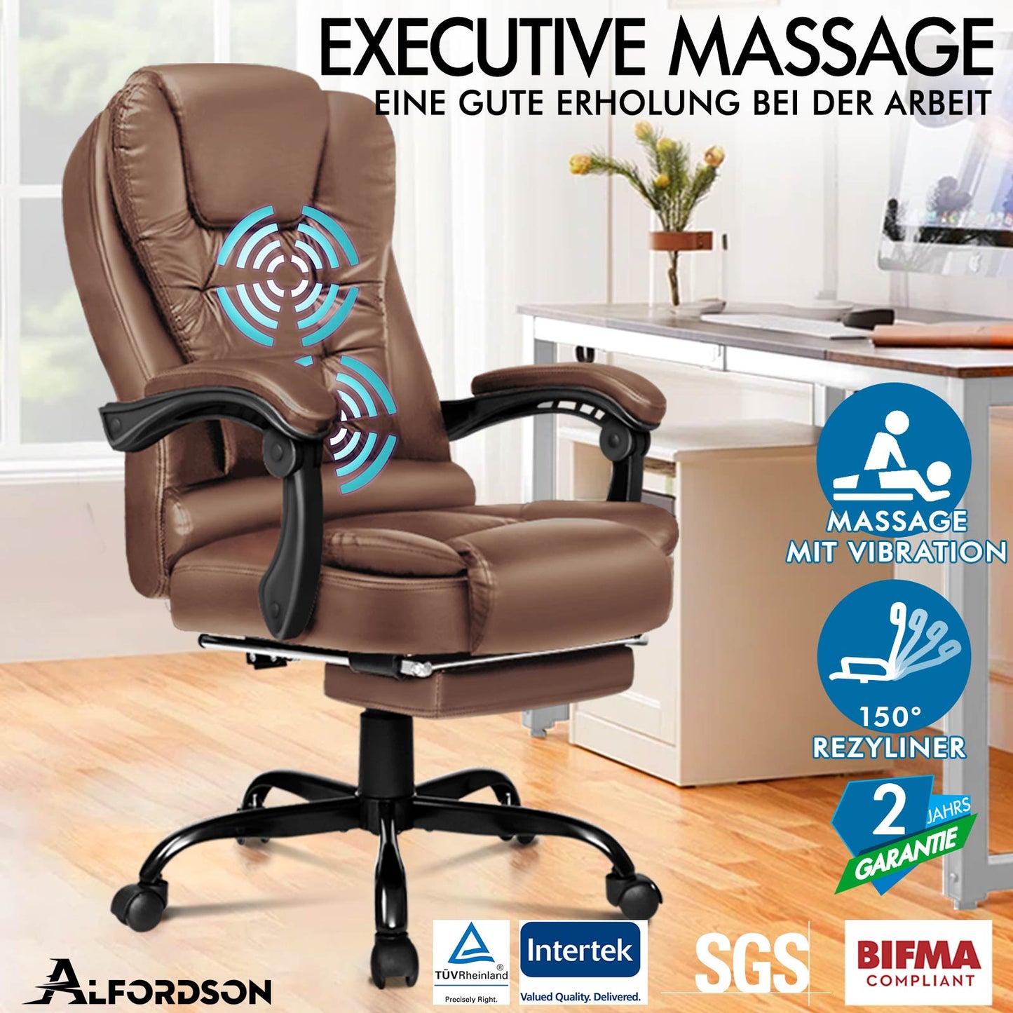 ALFORDSON Massage-Bürostuhl mit Fußstütze, Executive-Gaming-Sitz, PU-Leder