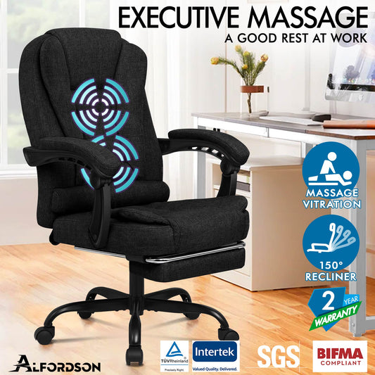 ALFORDSON Massage-Bürostuhl mit Fußstütze Schwarzer Stoff Executive-Gaming-Sitz