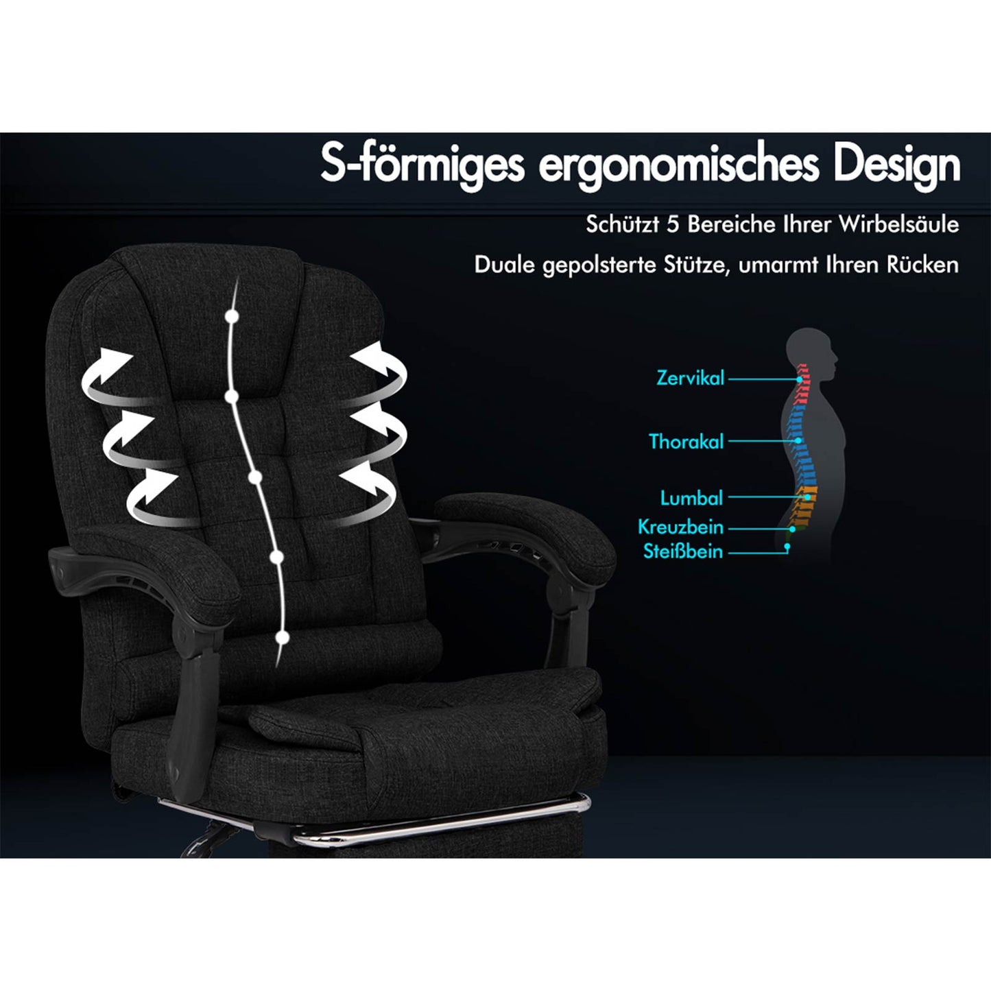 ALFORDSON Massage-Bürostuhl mit Fußstütze Schwarzer Stoff Executive-Gaming-Sitz