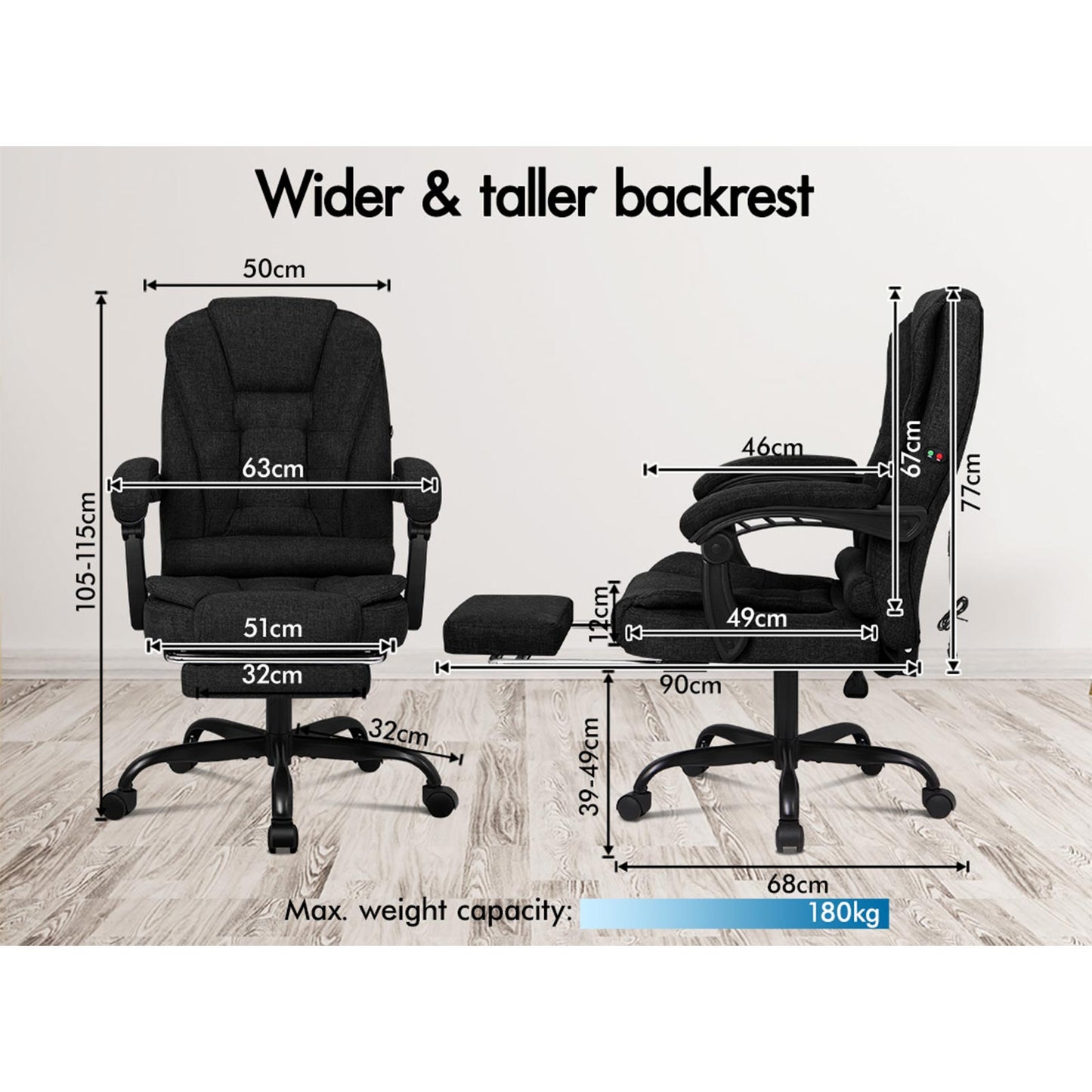 ALFORDSON Massage-Bürostuhl mit Fußstütze Schwarzer Stoff Executive-Gaming-Sitz