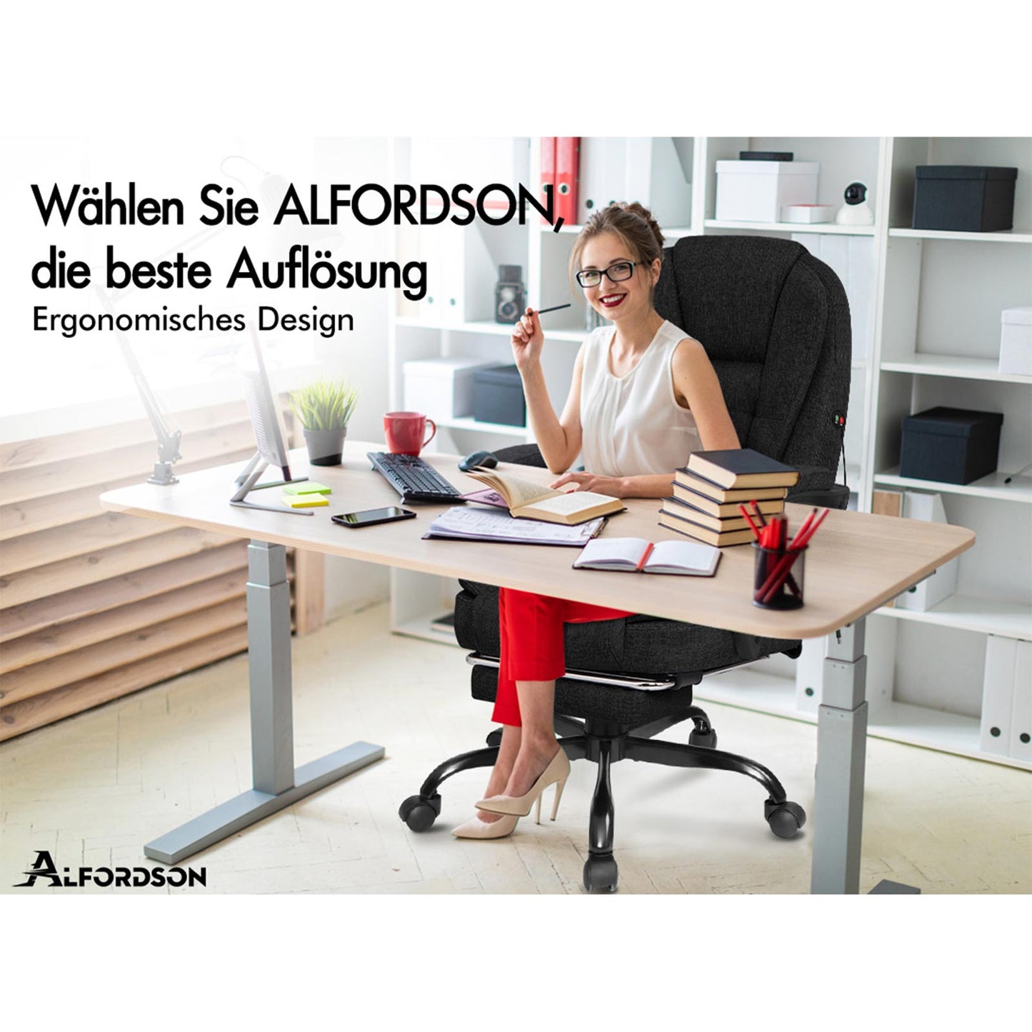 ALFORDSON Massage-Bürostuhl mit Fußstütze Schwarzer Stoff Executive-Gaming-Sitz