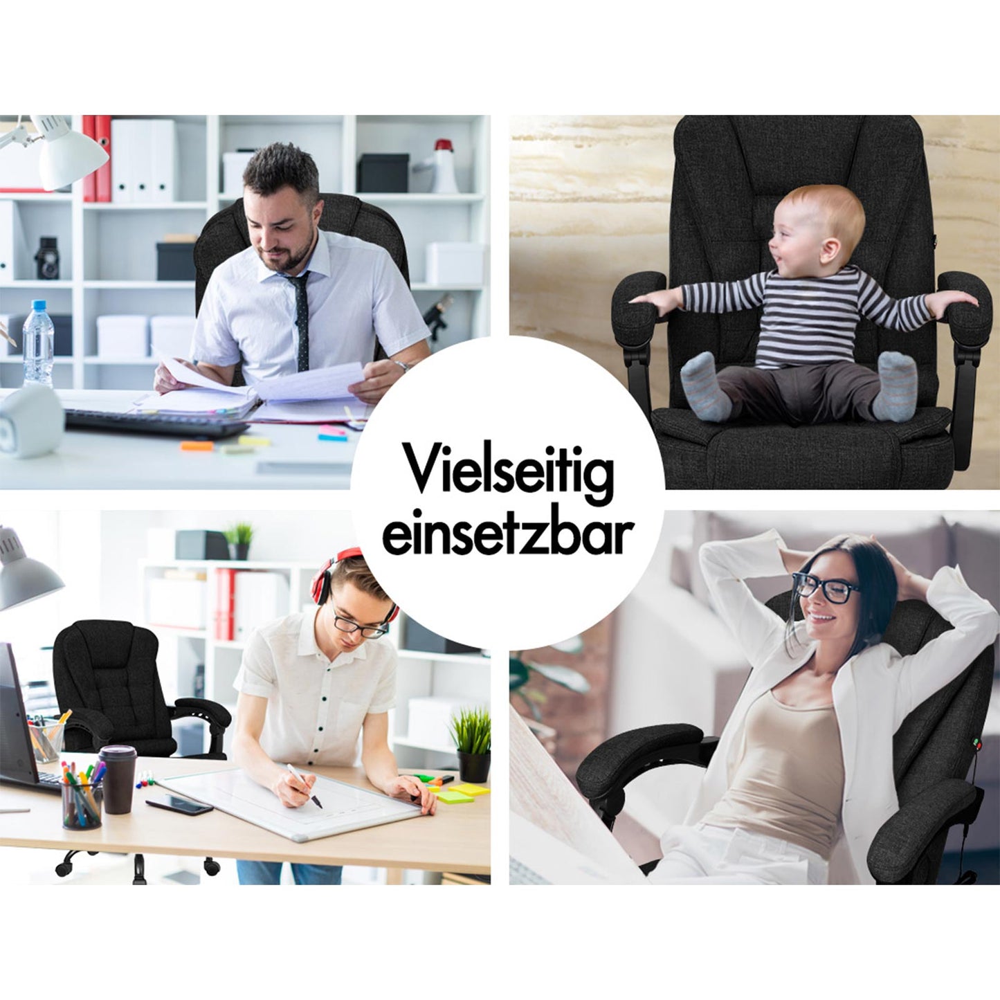 ALFORDSON Massage-Bürostuhl mit Fußstütze Schwarzer Stoff Executive-Gaming-Sitz