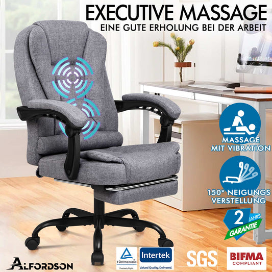 ALFORDSON Massage-Bürostuhl mit Fußstütze Grauer Stoff Executive-Gaming-Sitz