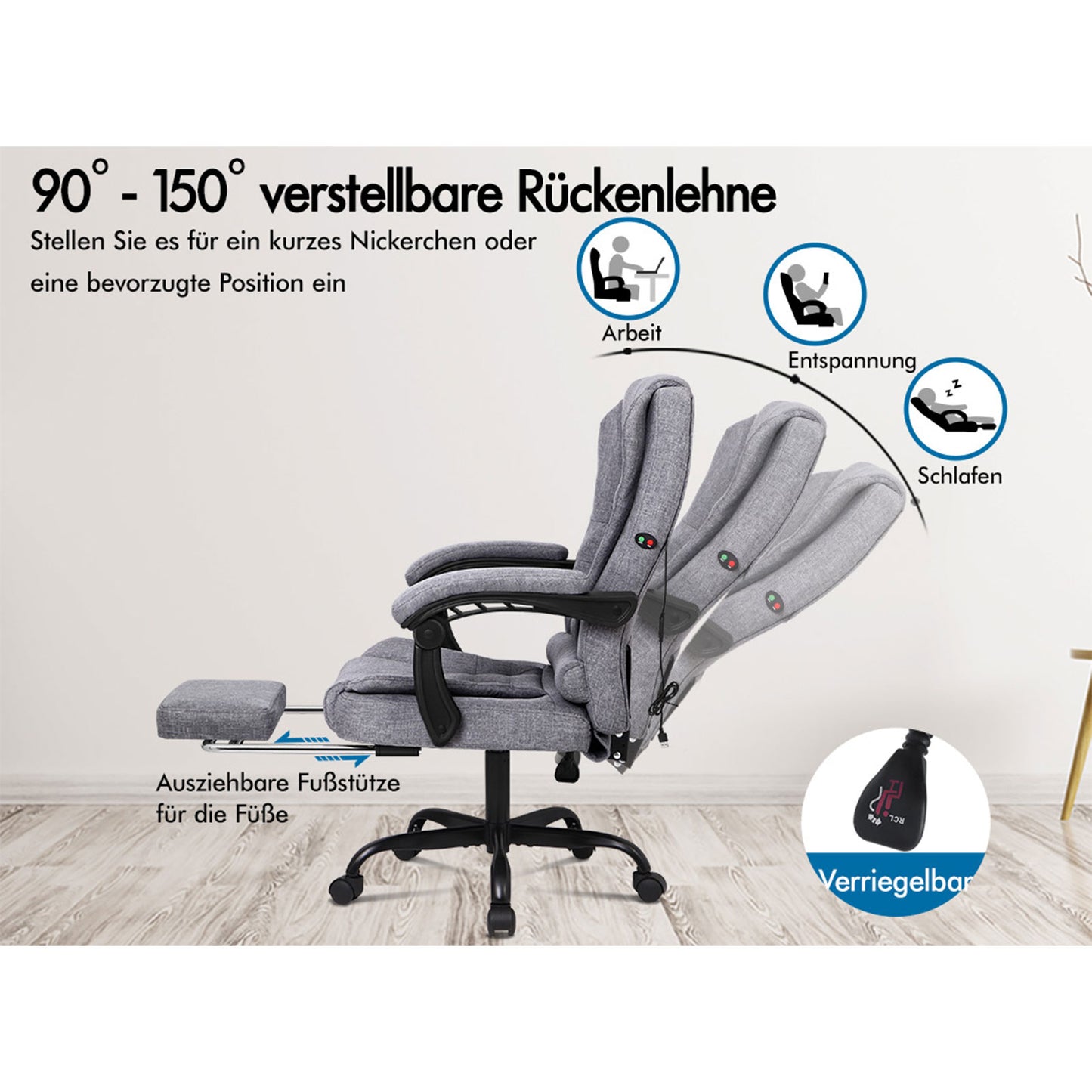 ALFORDSON Massage-Bürostuhl mit Fußstütze Grauer Stoff Executive-Gaming-Sitz