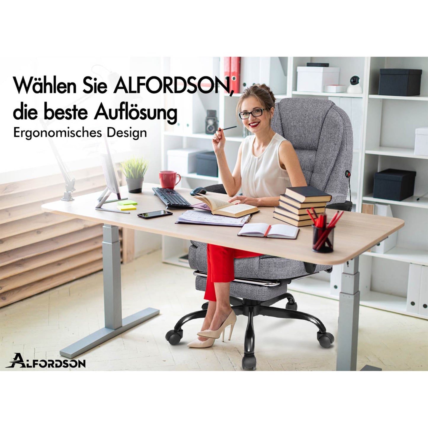 ALFORDSON Massage-Bürostuhl mit Fußstütze Grauer Stoff Executive-Gaming-Sitz