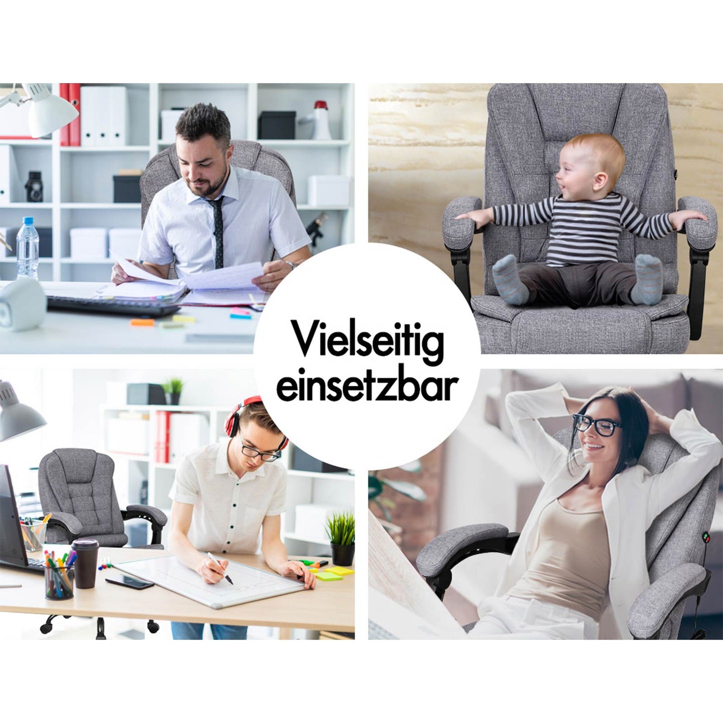 ALFORDSON Massage-Bürostuhl mit Fußstütze Grauer Stoff Executive-Gaming-Sitz