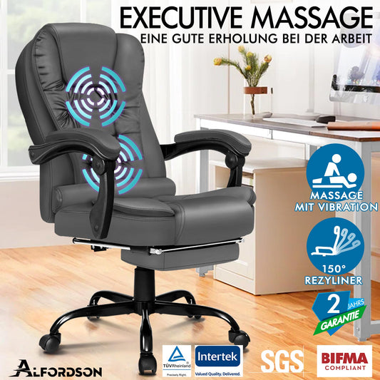ALFORDSON Massage-Bürostuhl mit Fußstütze, Executive-Gaming-Sitz, PU-Leder Grau