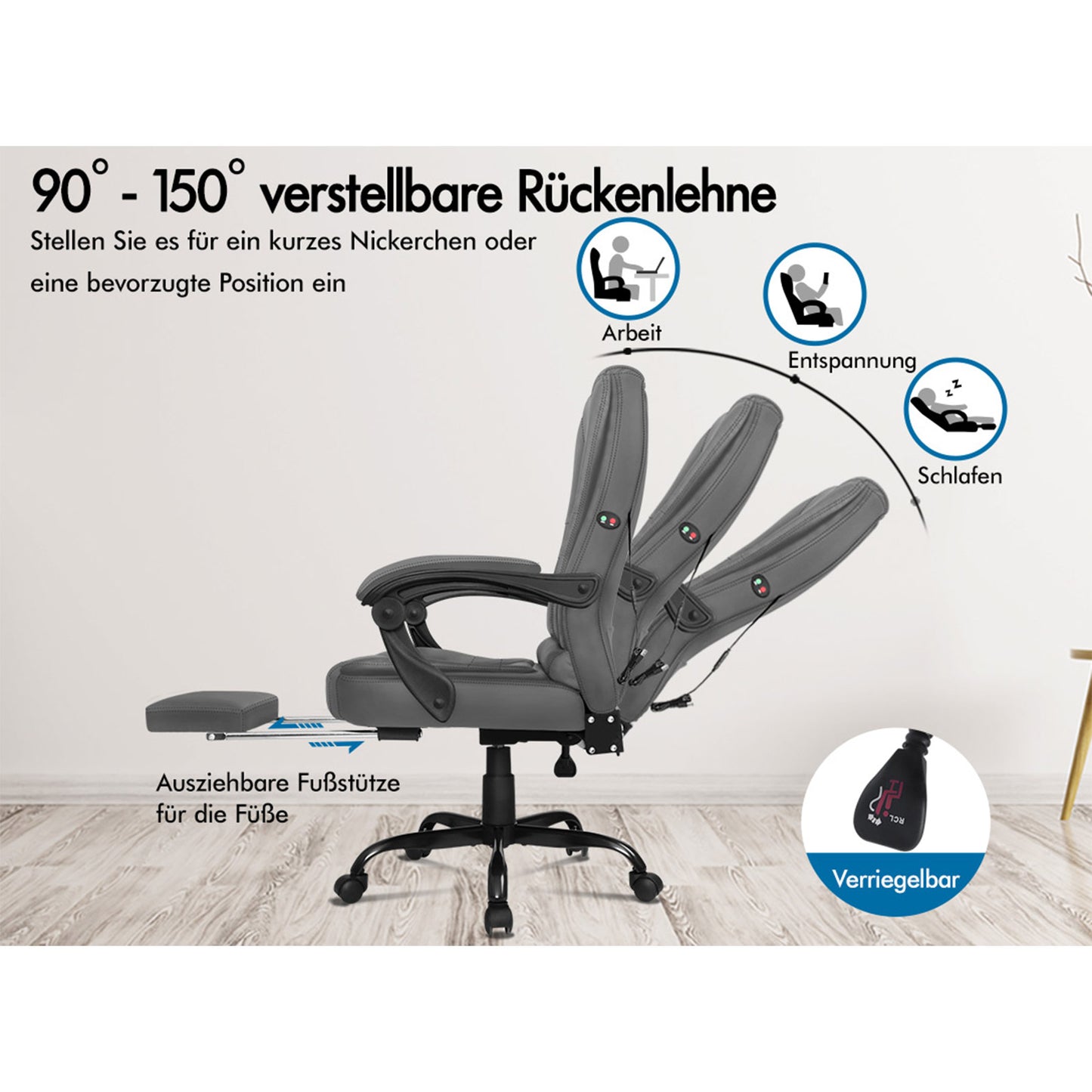 ALFORDSON Massage-Bürostuhl mit Fußstütze, Executive-Gaming-Sitz, PU-Leder Grau