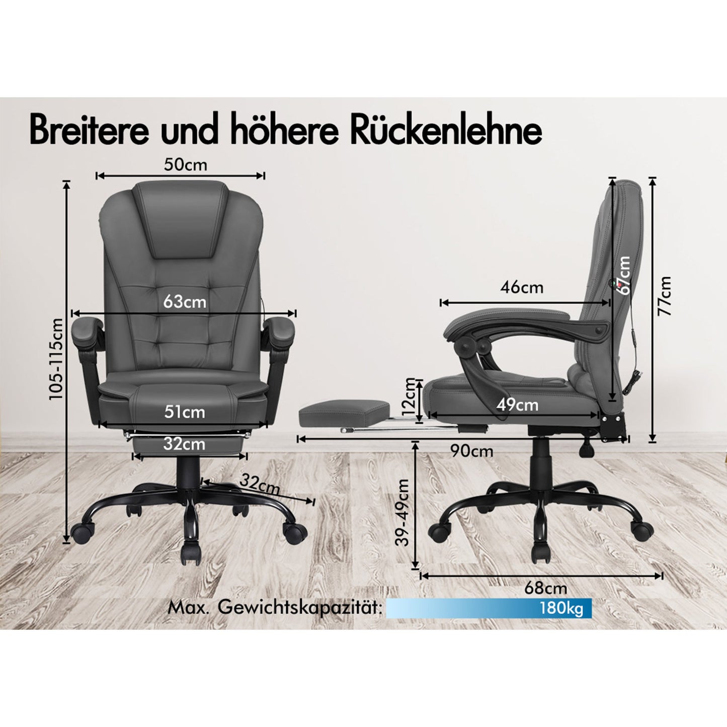 ALFORDSON Massage-Bürostuhl mit Fußstütze, Executive-Gaming-Sitz, PU-Leder Grau