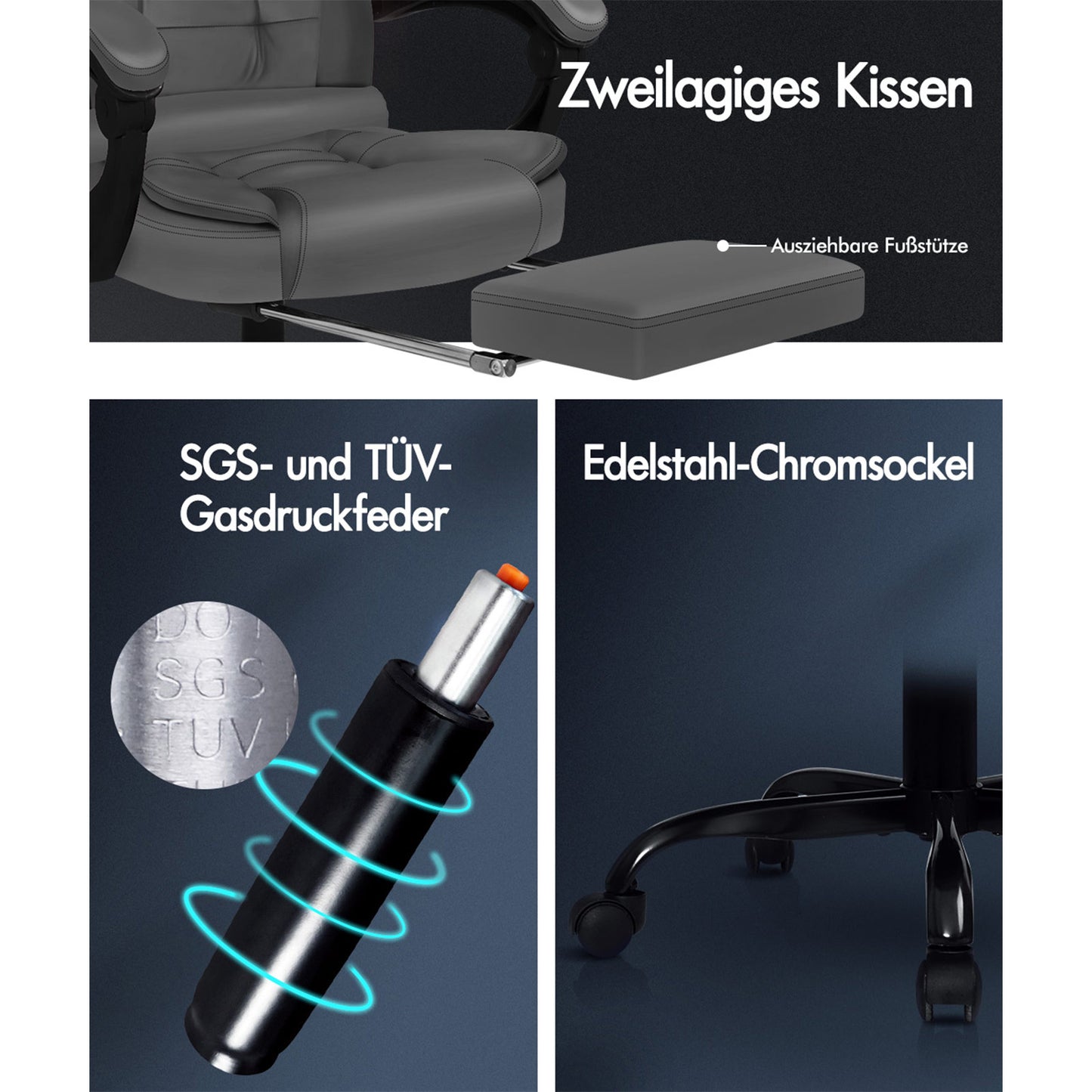 ALFORDSON Massage-Bürostuhl mit Fußstütze, Executive-Gaming-Sitz, PU-Leder Grau