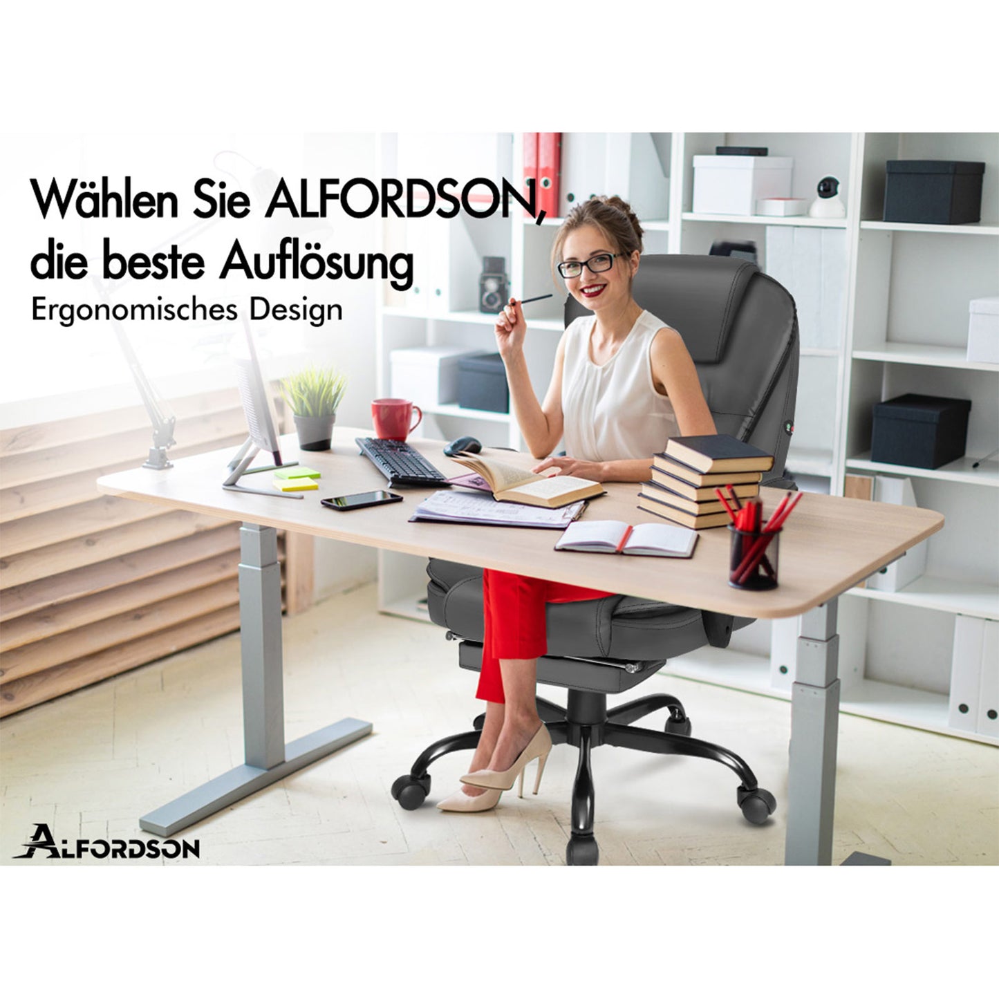 ALFORDSON Massage-Bürostuhl mit Fußstütze, Executive-Gaming-Sitz, PU-Leder Grau