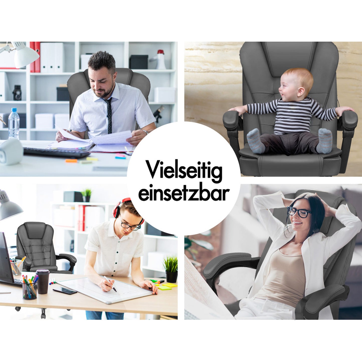 ALFORDSON Massage-Bürostuhl mit Fußstütze, Executive-Gaming-Sitz, PU-Leder Grau