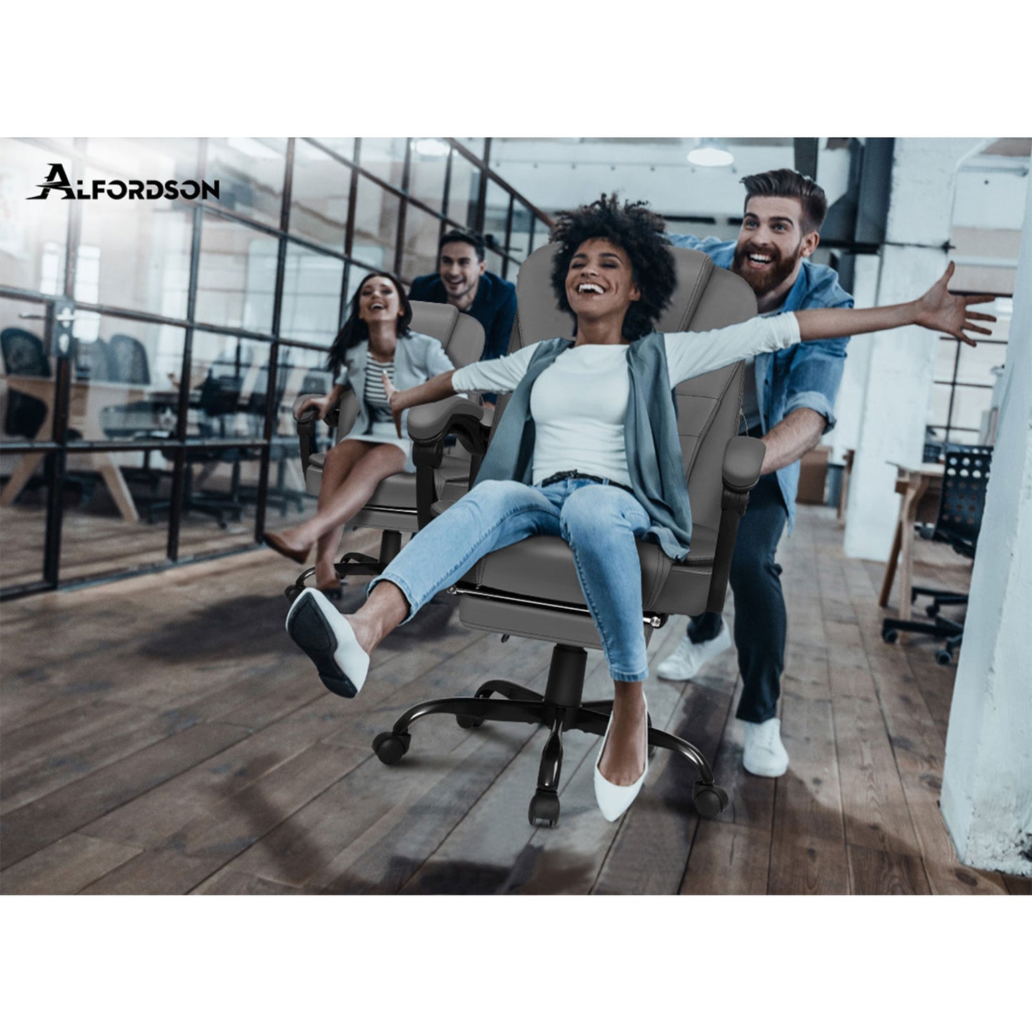 ALFORDSON Massage-Bürostuhl mit Fußstütze, Executive-Gaming-Sitz, PU-Leder Grau