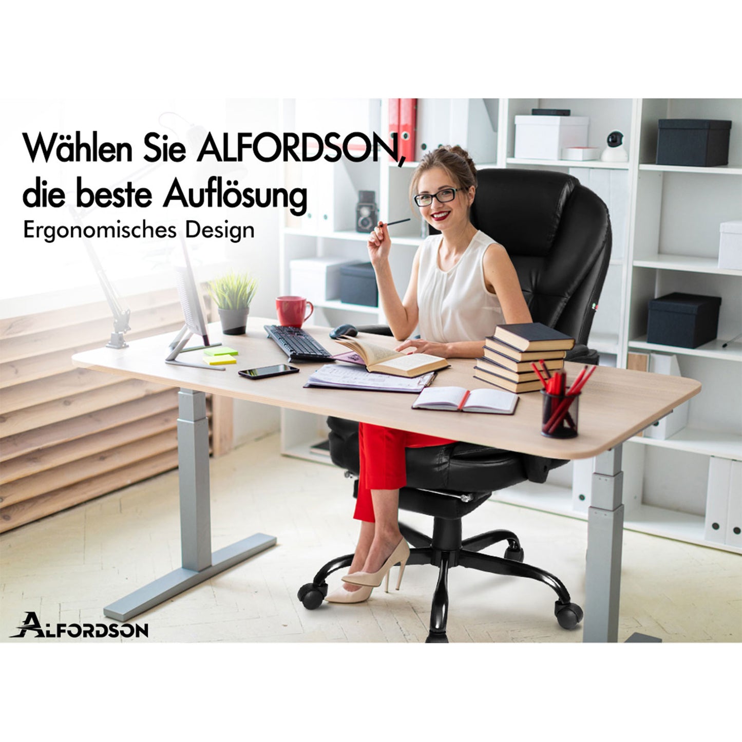 ALFORDSON Massage-Bürostuhl mit Fußstütze, Executive-Gaming-Sitz, PU-Leder