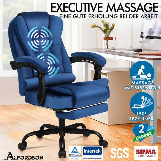 ALFORDSON Massage-Bürostuhl mit Fußstütze Samt Blau Executive-Gaming-Sitz
