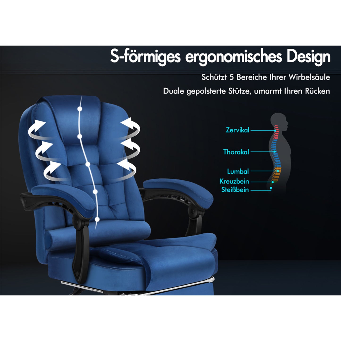 ALFORDSON Massage-Bürostuhl mit Fußstütze Samt Blau Executive-Gaming-Sitz