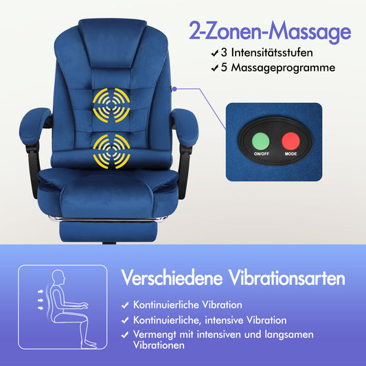 ALFORDSON Massage-Bürostuhl mit Fußstütze Samt Blau Executive-Gaming-Sitz