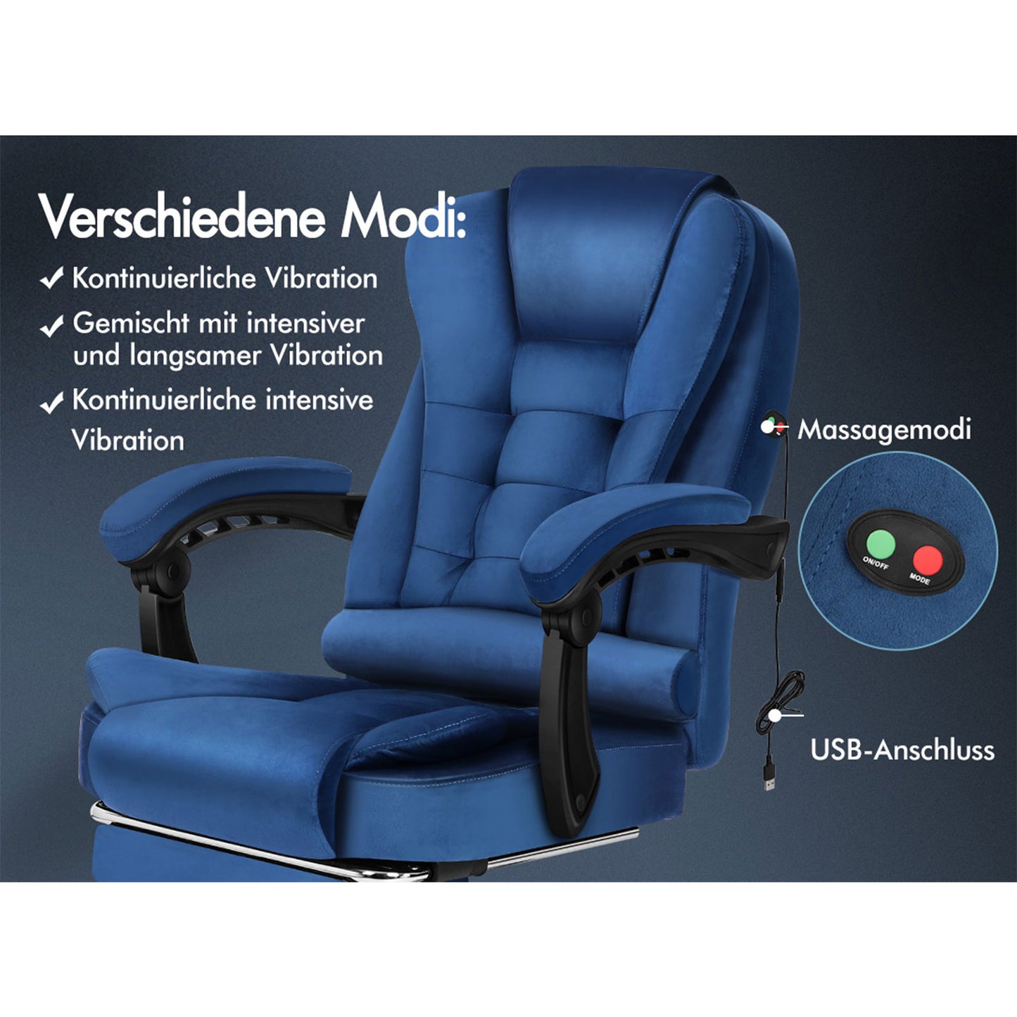 ALFORDSON Massage-Bürostuhl mit Fußstütze Samt Blau Executive-Gaming-Sitz