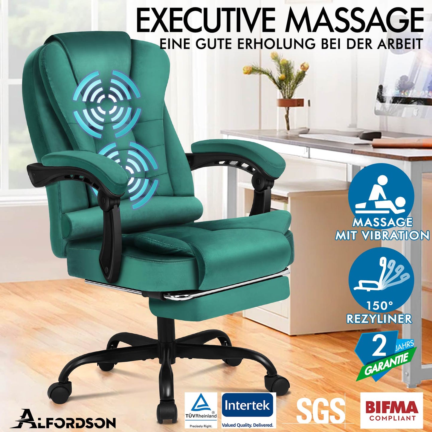 ELFORDSON Massage-Bürostuhl mit Fußstütze Samt Grün Executive-Gaming-Sitz