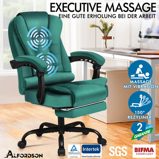 ELFORDSON Massage-Bürostuhl mit Fußstütze Samt Grün Executive-Gaming-Sitz