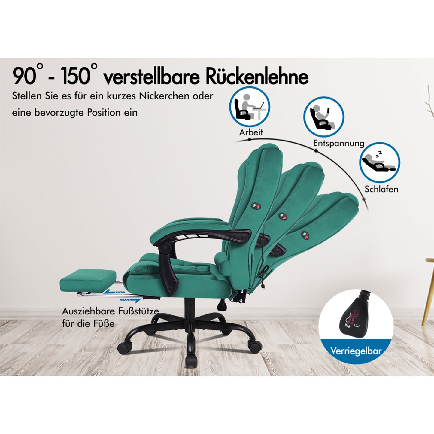 ELFORDSON Massage-Bürostuhl mit Fußstütze Samt Grün Executive-Gaming-Sitz