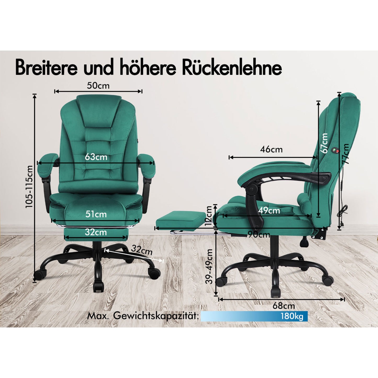 ELFORDSON Massage-Bürostuhl mit Fußstütze Samt Grün Executive-Gaming-Sitz
