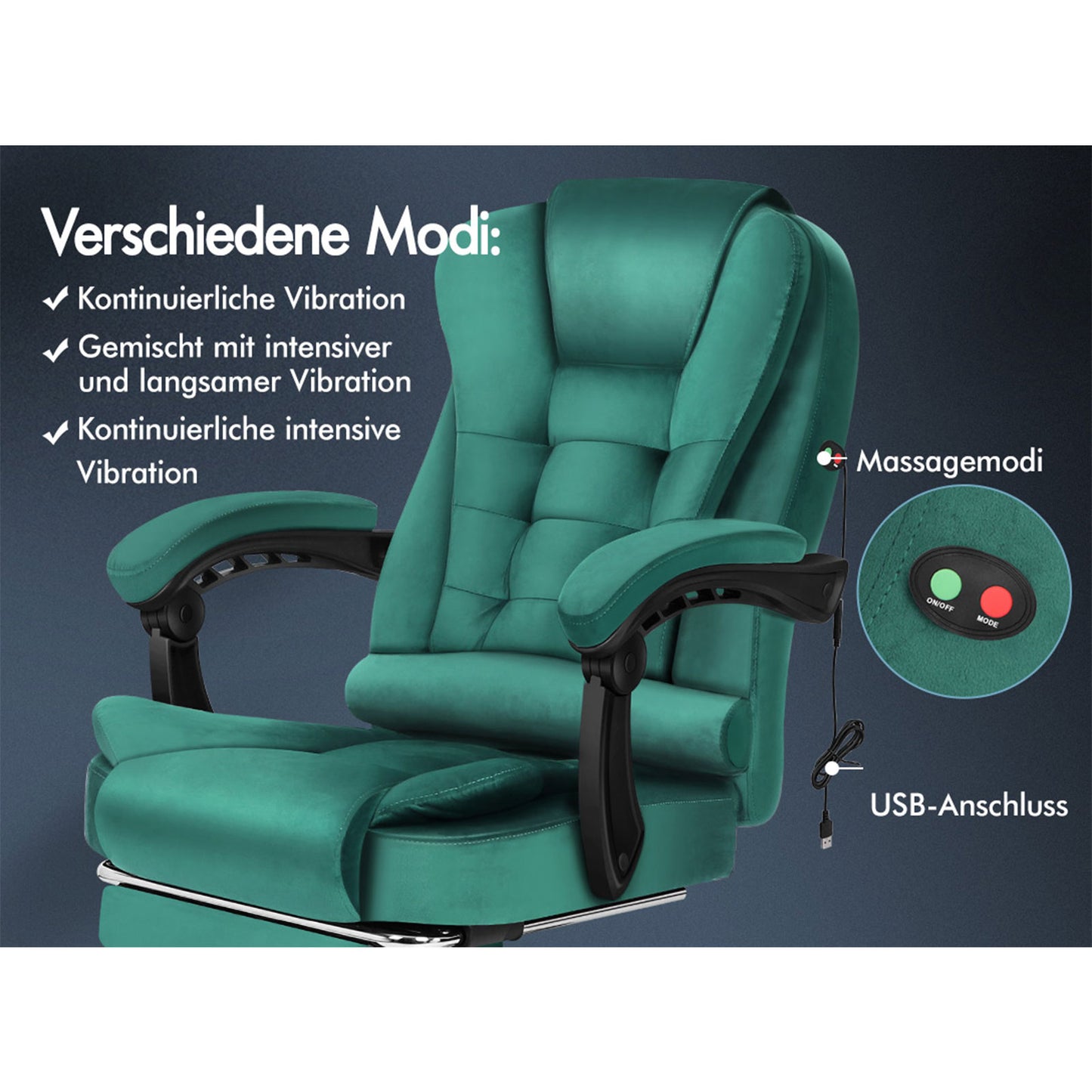 ELFORDSON Massage-Bürostuhl mit Fußstütze Samt Grün Executive-Gaming-Sitz