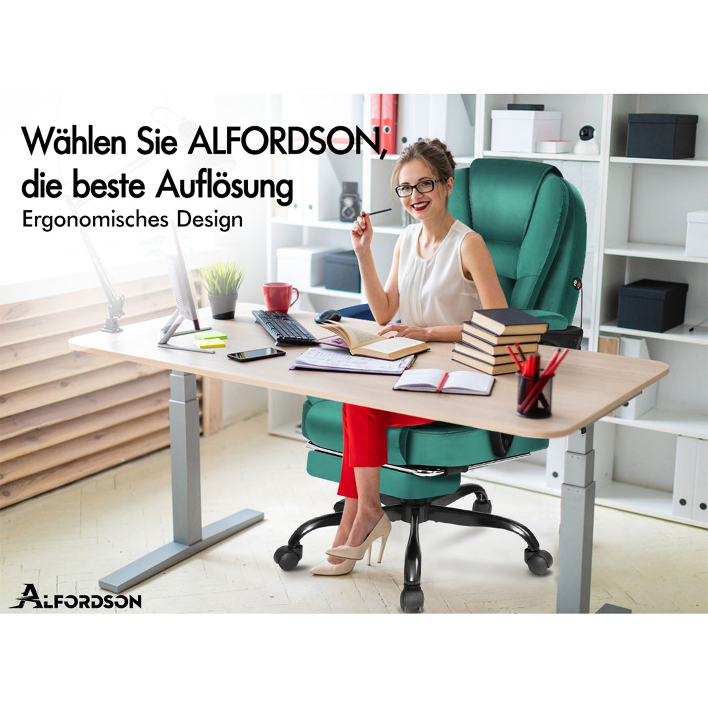 ELFORDSON Massage-Bürostuhl mit Fußstütze Samt Grün Executive-Gaming-Sitz