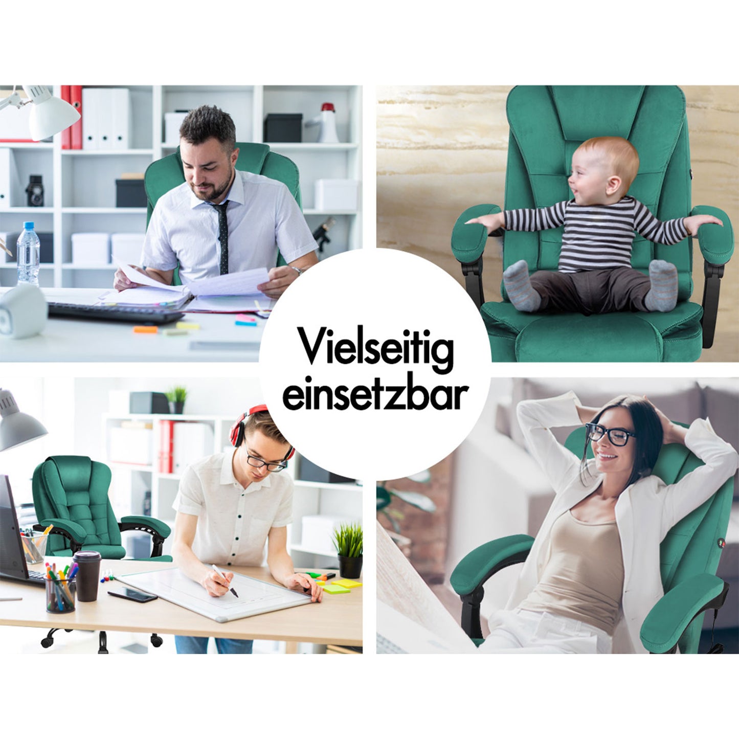 ELFORDSON Massage-Bürostuhl mit Fußstütze Samt Grün Executive-Gaming-Sitz