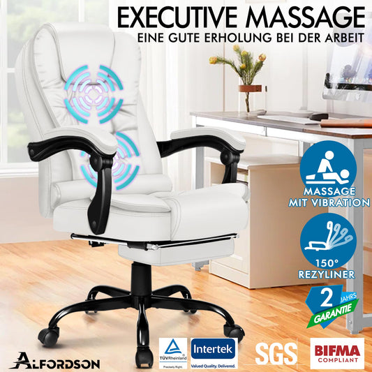ALFORDSON Massage-Bürostuhl mit Fußstütze, Executive-Gaming-Sitz, PU-Leder Weiß