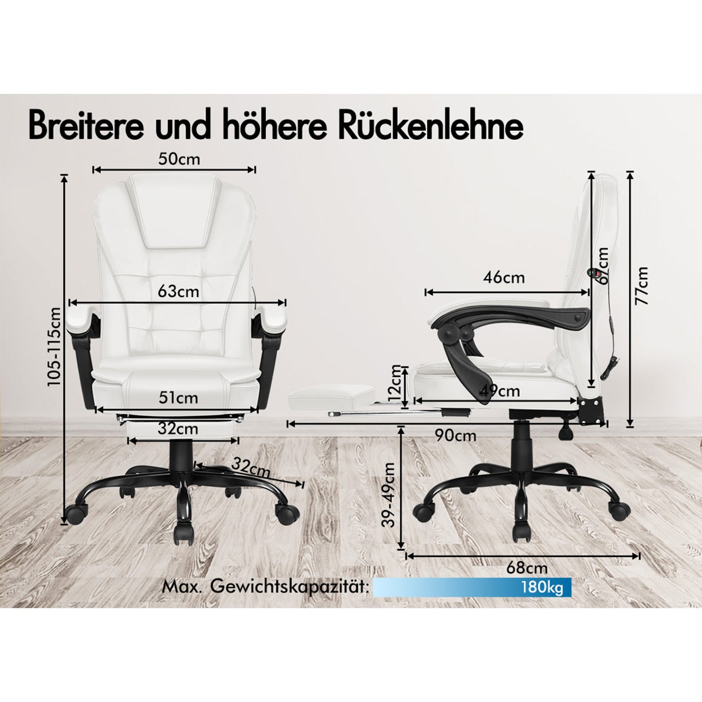 ALFORDSON Massage-Bürostuhl mit Fußstütze, Executive-Gaming-Sitz, PU-Leder Weiß